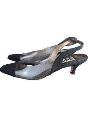Vintage 90s Galo Italy Clear Black Cap Toe Slingback Heels EU 38 US 7.5/8